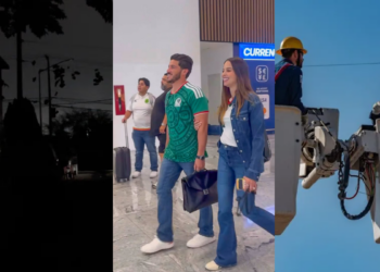 Triptych Collage: Left Shows a Dark Silhouetted Street Scene at Night, Center a Man and Woman Walking Through a Bright Airport Terminal, Right Two Construction Workers in a Bucket Truck Wearing Yellow Helmets Against a Blue Sky. - Tu Vecino Informa