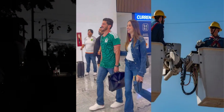 Mega-apagones-y-fuego-en-nuevo-leon - Tu Vecino Informa Triptych Collage: Left Shows a Dark Silhouetted Street Scene at Night, Center a Man and Woman Walking Through a Bright Airport Terminal, Right Two Construction Workers in a Bucket Truck Wearing Yellow Helmets Against a Blue Sky. - Tu Vecino Informa