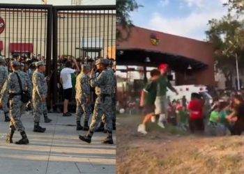Two-panel Scene: Left Shows Soldiers in Camo Guarding a Gated Entrance While a Crowd Watches. Right Shows People Fleeing Near a Building with an Ambulance Nearby, Suggesting an Evacuation. - Tu Vecino Informa