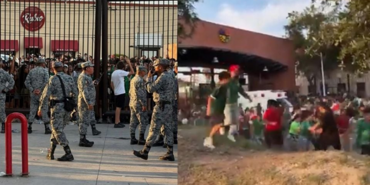 Que-paso-en-el-fan-fest-de-nuevo-leon - Tu Vecino Informa Two-panel Scene: Left Shows Soldiers in Camo Guarding a Gated Entrance While a Crowd Watches. Right Shows People Fleeing Near a Building with an Ambulance Nearby, Suggesting an Evacuation. - Tu Vecino Informa