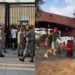 Que-paso-en-el-fan-fest-de-nuevo-leon - Tu Vecino Informa Two-panel Scene: Left Shows Soldiers in Camo Guarding a Gated Entrance While a Crowd Watches. Right Shows People Fleeing Near a Building with an Ambulance Nearby, Suggesting an Evacuation. - Tu Vecino Informa