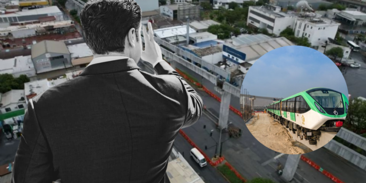 Businessman on a Rooftop Overlooking a City, with a Circular Inset Showing a Green-and-white Passenger Train on Tracks. - Tu Vecino Informa