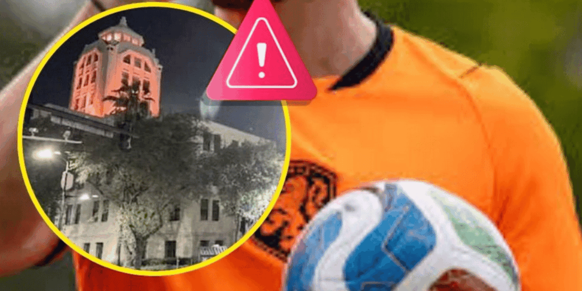 Soccer Player in Orange Holding a Ball; Inset Shows a Night-time Building Inside a Yellow Circle with a Pink Warning Symbol, Indicating a Safety Alert. - Tu Vecino Informa