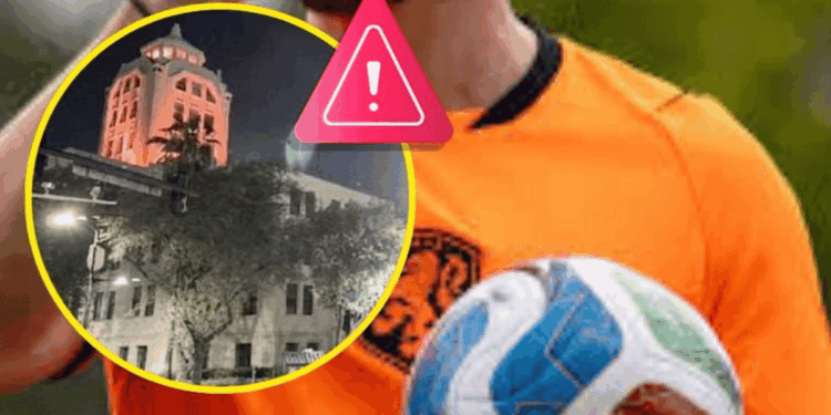 Soccer Player in Orange Holding a Ball; Inset Shows a Night-time Building Inside a Yellow Circle with a Pink Warning Symbol, Indicating a Safety Alert. - Tu Vecino Informa