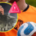 Soccer Player in Orange Holding a Ball; Inset Shows a Night-time Building Inside a Yellow Circle with a Pink Warning Symbol, Indicating a Safety Alert. - Tu Vecino Informa