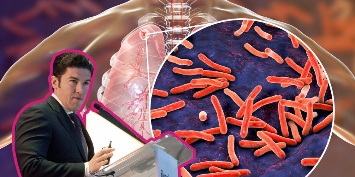 Medical Presenter at a Podium Giving a Talk, with a Large Circular Close-up of Red Rod-shaped Bacteria over a Human Torso Illustration in the Background. - Tu Vecino Informa