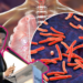 Medical Presenter at a Podium Giving a Talk, with a Large Circular Close-up of Red Rod-shaped Bacteria over a Human Torso Illustration in the Background. - Tu Vecino Informa