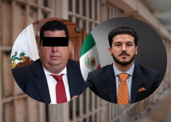 Two Men in Suits Shown in Overlapping Circular Frames; Left Figure Has a Black Bar over the Eyes for Anonymity. Background Appears As a Blurred Hallway or Scaffolding. - Tu Vecino Informa