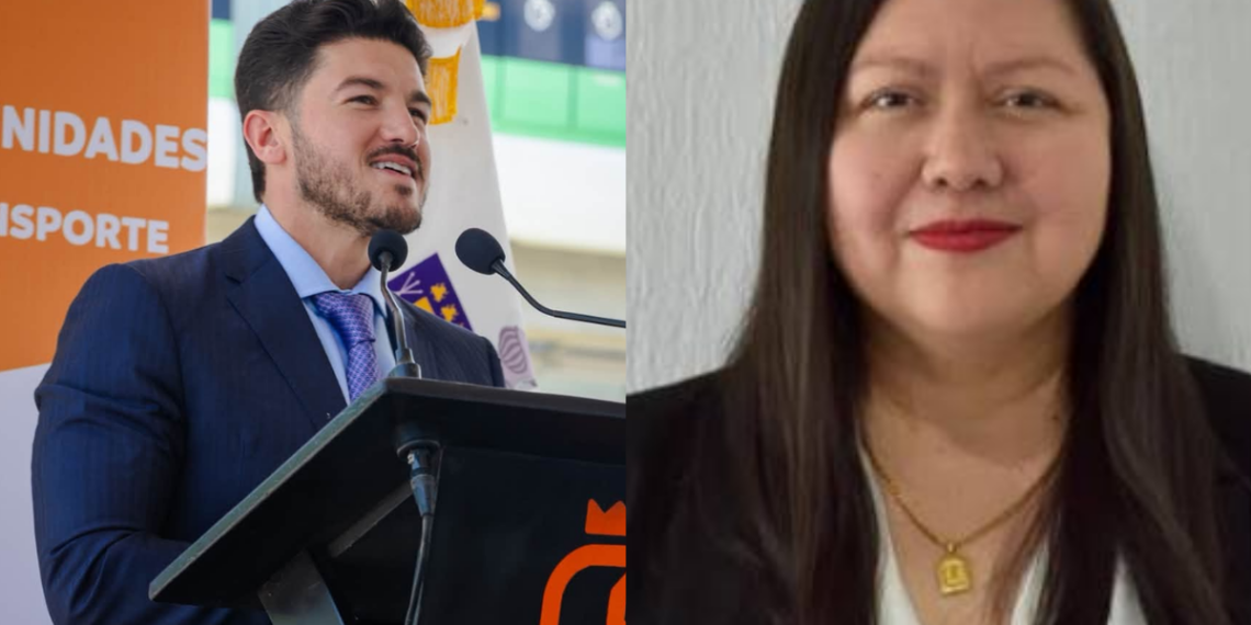 Split Image: Left Shows a Man in a Navy Suit Speaking at a Podium with Microphones; Orange Banner Behind Him. Right Shows a Smiling Woman with Dark Hair, White Blouse, and Blazer. - Tu Vecino Informa