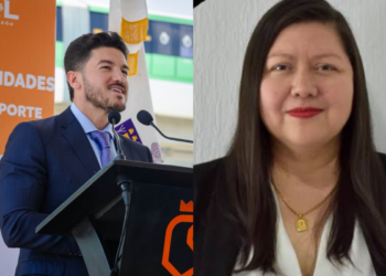 Split Image: Left Shows a Man in a Navy Suit Speaking at a Podium with Microphones; Orange Banner Behind Him. Right Shows a Smiling Woman with Dark Hair, White Blouse, and Blazer. - Tu Vecino Informa