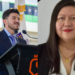 Split Image: Left Shows a Man in a Navy Suit Speaking at a Podium with Microphones; Orange Banner Behind Him. Right Shows a Smiling Woman with Dark Hair, White Blouse, and Blazer. - Tu Vecino Informa