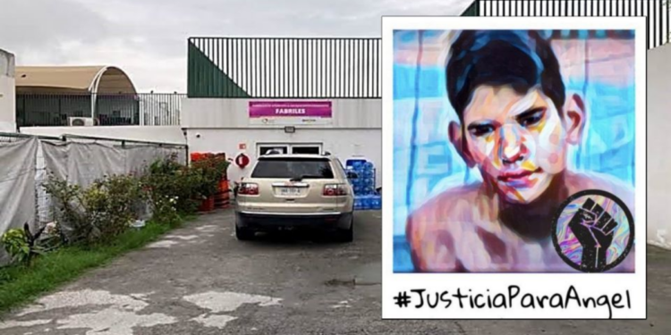 Por-que-investigan-a-miguel-angel-sanchez-por-el-caso-fabriles - Tu Vecino Informa Large Framed Mural Portrait of a Young Man with Bold, Colorful Strokes, Featuring the Hashtag '#justiciaparaangel' and a Circular Fists Symbol, Displayed in an Outdoor Lot. - Tu Vecino Informa