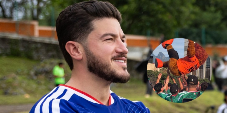 Cuanto-costo-realmente-el-fan-fest - Tu Vecino Informa Man with Beard in a Blue Jersey Outdoors; Circular Inset Shows a Crowd Lifting an Orange-clad Teammate in Celebration. - Tu Vecino Informa