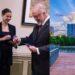 Gobernador-de-nuevo-leon-en-austin - Tu Vecino Informa Three Professionals in Suits Exchange an Award Indoors, Smiling Near a Framed Picture on the Wall (left Side). the Right Side Shows a Modern City Skyline by a River with a Wooden Boardwalk. - Tu Vecino Informa