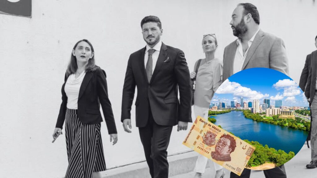 Polemica-gira-de-samuel-garcia-por-texas - Tu Vecino Informa Professional Team Walking in Suits; Circular Overlay Shows a City Skyline and Currency, Implying International Business and Investment. - Tu Vecino Informa